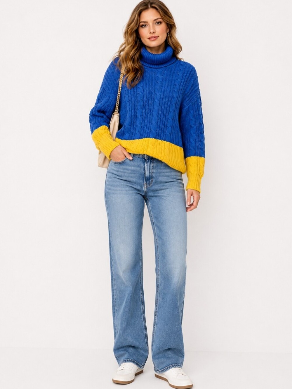 Merona | Blue Yellow Colorblock Cable Knit Sweater Cozy Chic